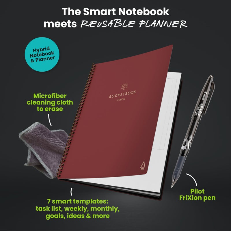 Rocketbook Fusion Reusable Undated Productivity Planner, Letter Size 8.5x11, Maroon - Goals, Monthly and Weekly Calendar, Daily To-do List, Lined and Dotted Notes Pages - Image 4